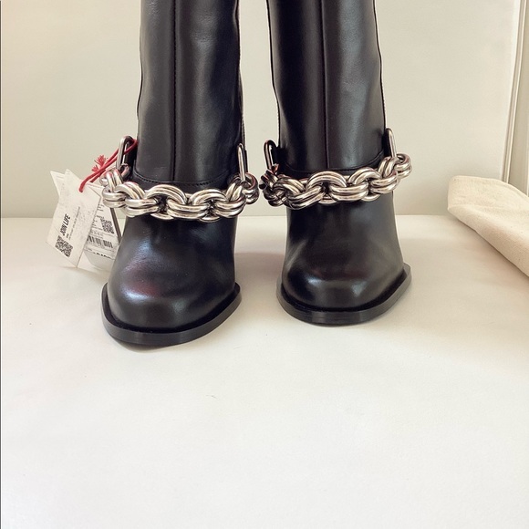 Zara Long Black Leather Wedge Silver Metal Chain Boots SZ 6 - Picture 6 of 14